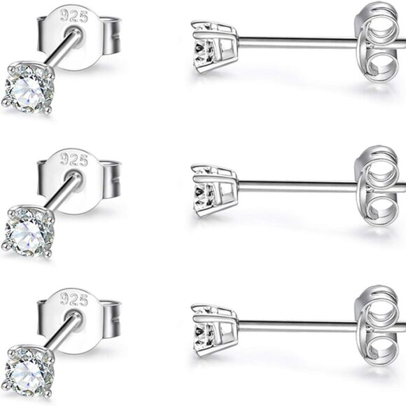Sterling Silver Tiny Stud Earrings Set - 3 Pairs 3mm with CZ & Pearl for Women a - Picture 1 of 6